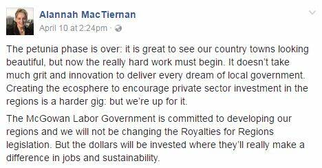 Ms MacTienan took to Facebook to indicate the change in direction for Royalties for Regions. Image: Facebook.