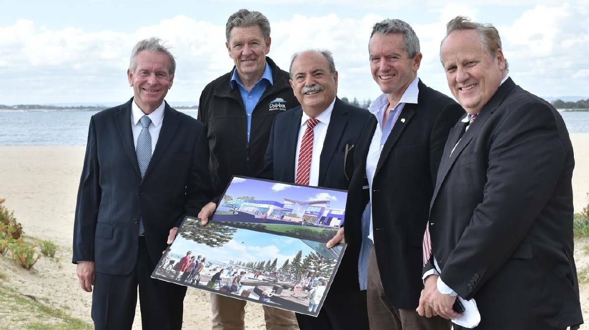 WA Premier Colin Barnett, Dolphin Discovery Centre general manager David Kerr, Bunbury MLA John Castrilli, Nationals leader Terry Redman and South West Development Commission chief executive officer Don Punch announcing stage one of the redevelopment in 2016. 