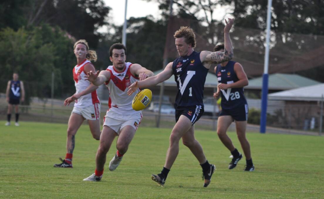 Making a chance: Donnybrook Football Club player Sean Lynch kicking into his side's forward 50 in Sunday's match against South Bunbury Tigers at VC Mitchell Park. Photos: Thomas Munday. 