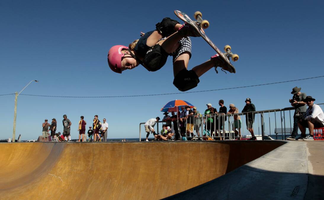 Number one: Newcastle's Poppy Olsen, 15, has become the reigning world bowl champion for women after winning the Vans Girls Combi Pool Classic in California, her first event since turning pro. Picture: Jonathan Carroll.