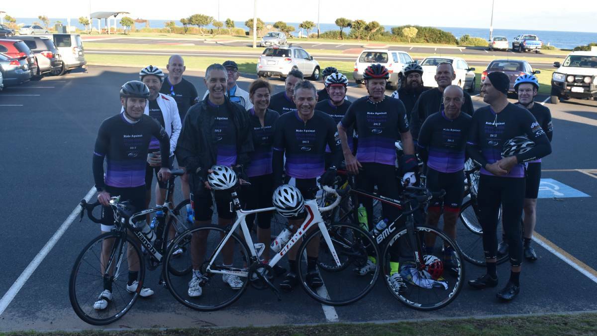 Riders from the 15-strong team riding against domestic violence, led by Dr Tony Buti and Roger Cook.