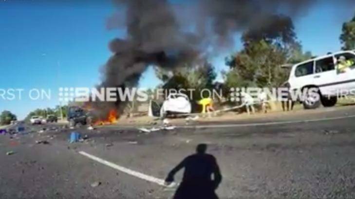 The scene of the horrific incident on Bussell Highway after an erratic Landcruiser veered onto the wrong side of the road, fatally injuring a female motorist. Photo: Nine News