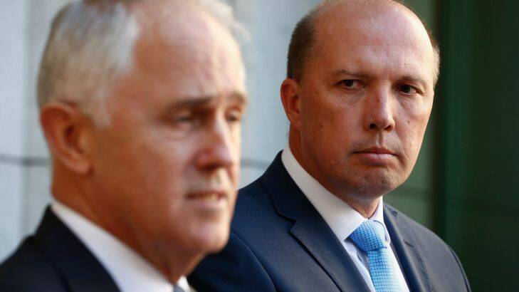 Prime Minister Malcolm Turnbull and Immigration Minister Peter Dutton address the media during a press conference at Parliament House in Canberra on Tuesday 18 April 2017. fedpol Photo: Alex Ellinghausen Photo: Alex Ellinghausen