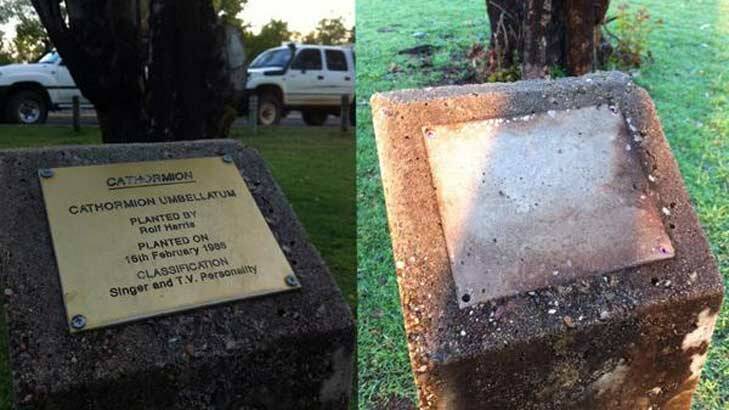 The plaque marking Rolf Harris's planting of a tree in Kununurra's Celebrity Tree Park has been removed by vandals. Photo: Simon Purdy