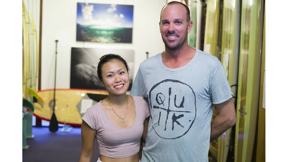 Annie Khoo and Mick Burke check out the second annual Foam Lust surfboard history exhibition. Photo: Sandy Powell/Augusta-Margaret River Mail.