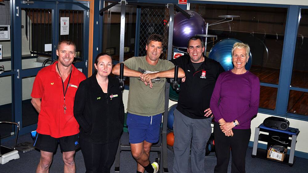 Subsidised gym membership recipients: Fire and Emergency Services Volunteer Steve Schrama and St John Ambulance volunteer Chris Mott, surrounded by Recreation Centre staff Rob Nielsen, Sonja Sehm and Tina Christensen. 
