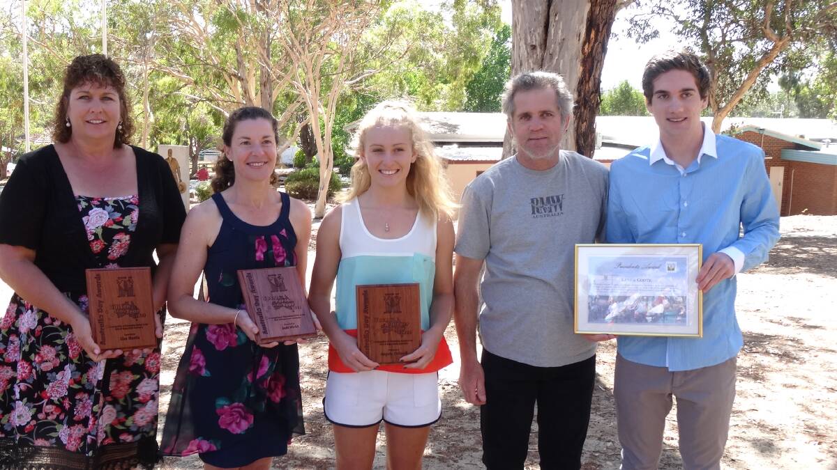 Boyup Brook Australia Day winners: Boyup Brook Citizen of the Year Lisa Martin, Sports Person of the Year Jodi Nield, Young Achiever Angela Chillwell and accepting the President’s award on behalf of wife and mother Lynda Coote are Gordon and Mathew Coote. 
