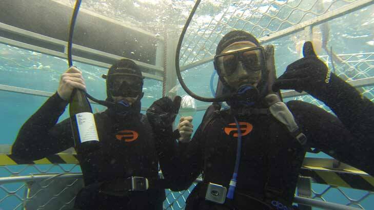 Winemaker Tom Barry and travelling Wineram presenter and sommelier Colin West taste Clare Valley riesling in a shark cage off Port Lincoln, South Australia.