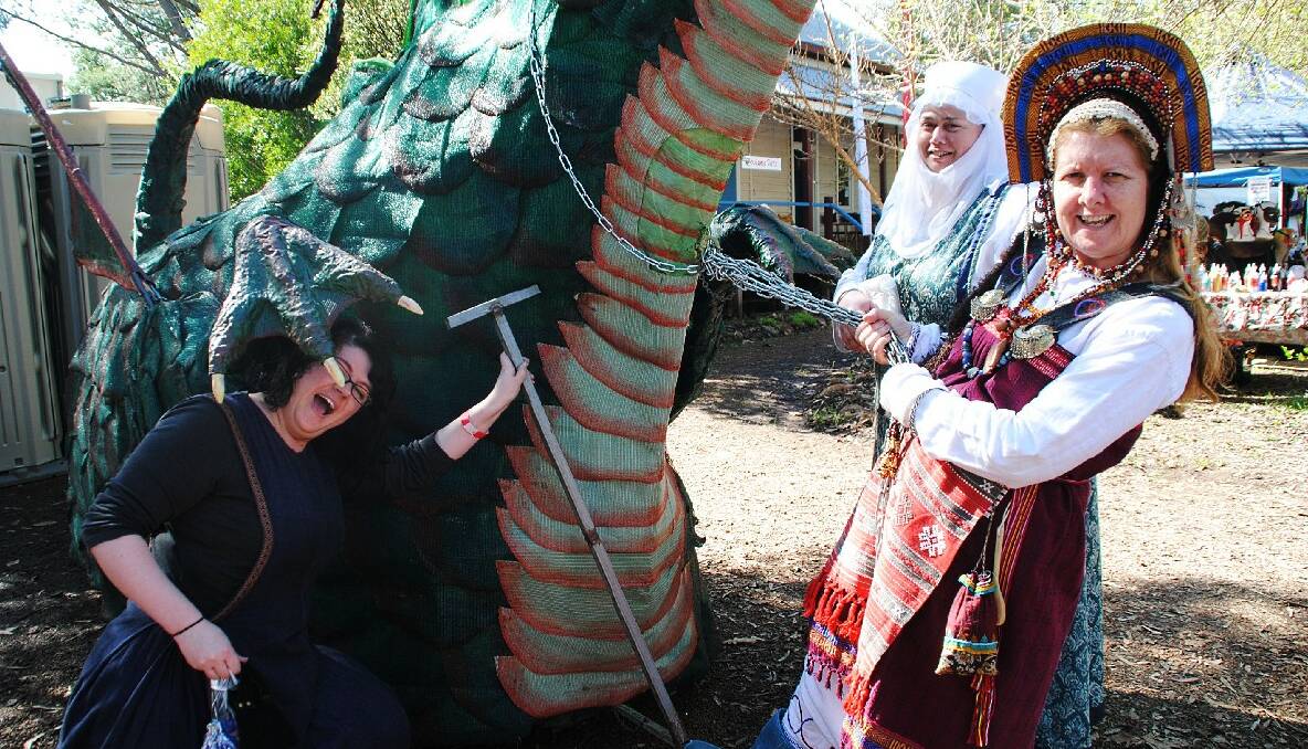 Lauren Pearce, Sibilla Walsingham and Tora Tora discuss kidnapping the dragon. Photo: Nina Smith.