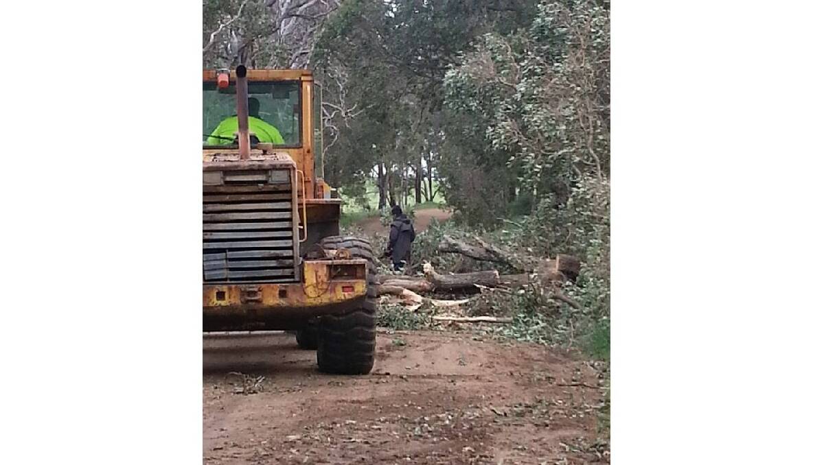 Locals in the Brookhampton area pitch in to clear the roads after the storms. Photo: Sue Gray