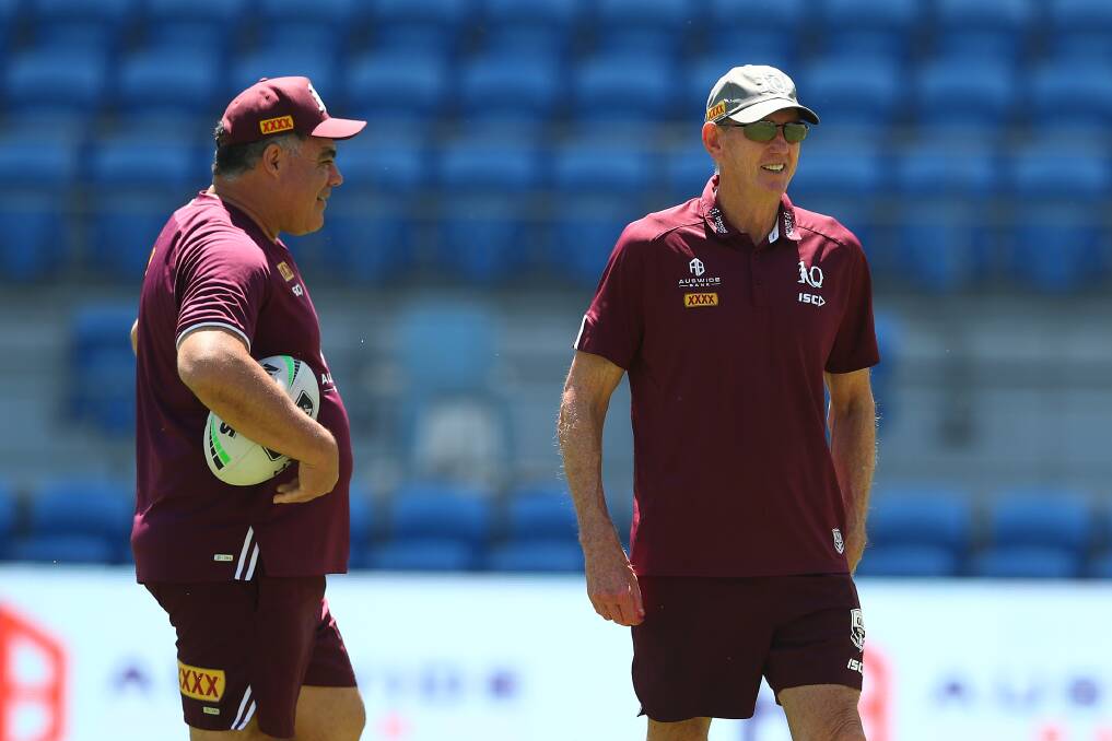 Queensland coach Wayne Bennett (right) and assistant Mal Meninga plan the underdog Maroons' hopes for a State of Origin upset. Picture: GETTY IMAGES