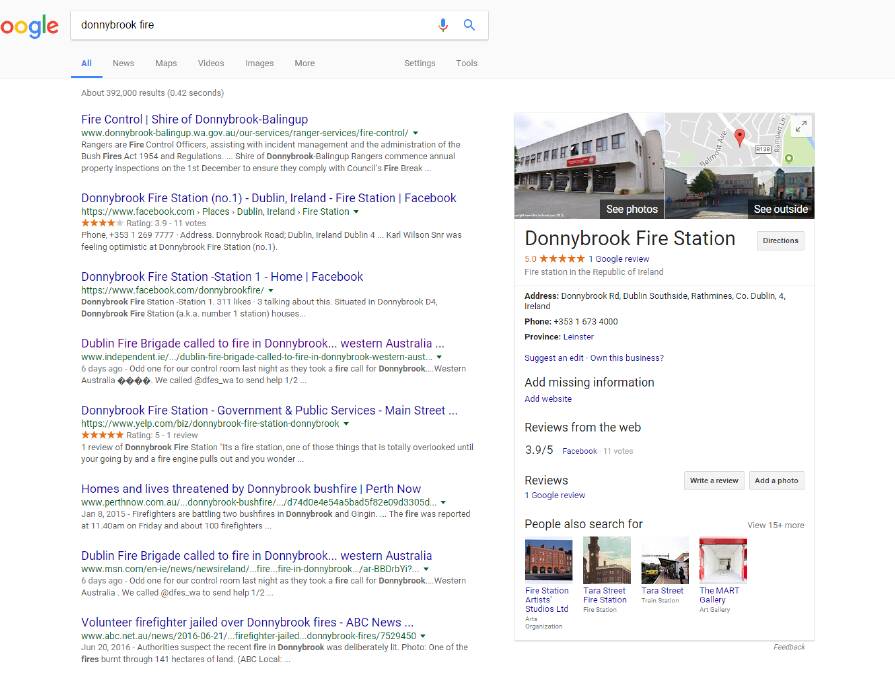 A screenshot from Google shows the contact details for Donnybrook, Ireland. 