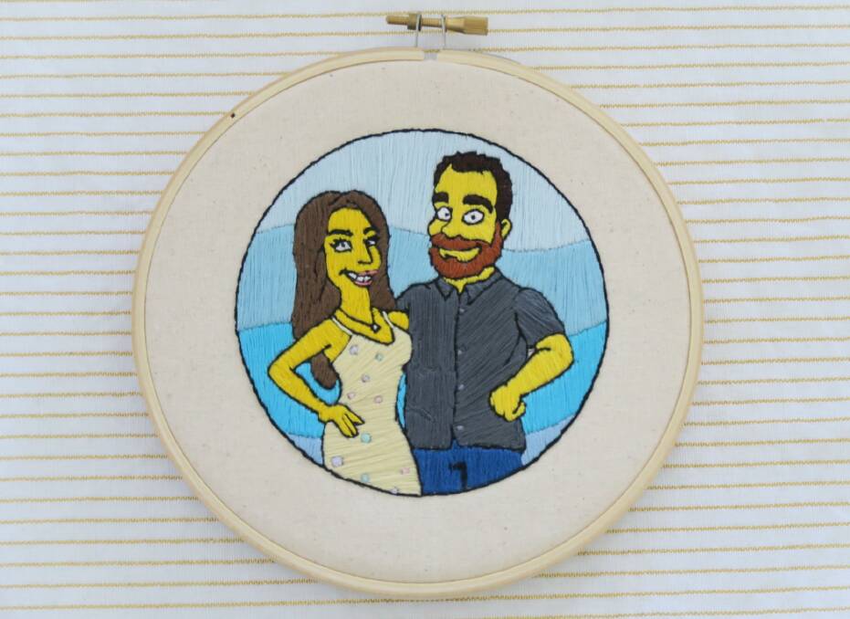 EMBODIED IN EMBROIDERY: The Simpsonised caricature of my cousin and his fiancee that I recreated in long stitch. 