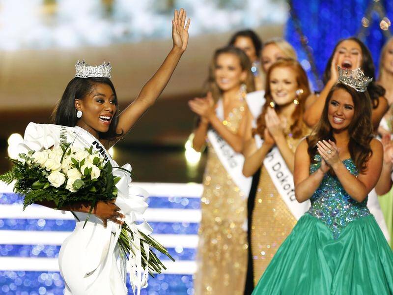 Miss New York Nia Franklin reacts after being named Miss America 2019.